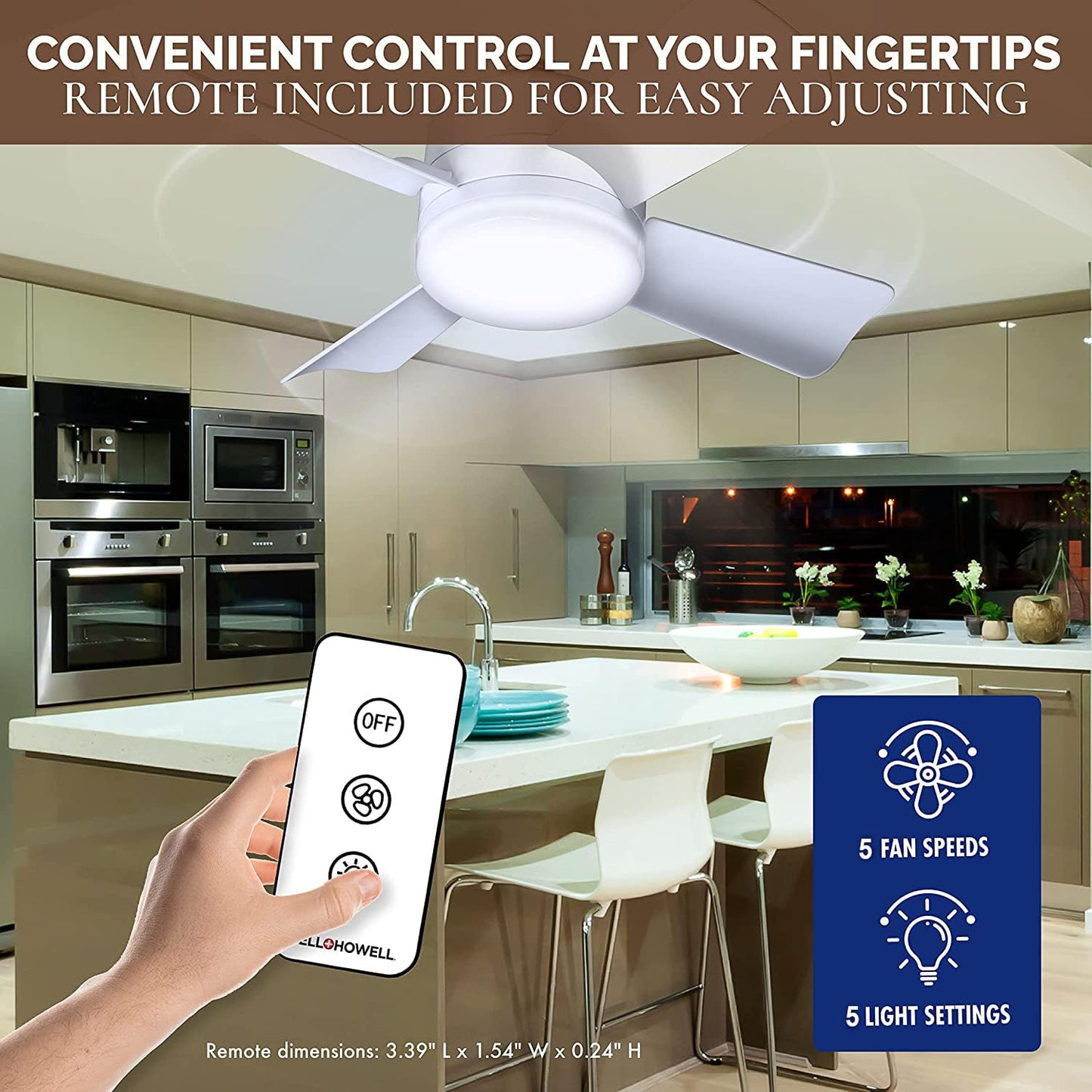 Bell+Howell Socket Breeze Light 5-Speed Deluxe LED โ Ceiling Fans with Lights and Remote Control โ For Bedroom, Kitchen, Living Room,1000 Lumens / 5000 Kelvins As Seen On TV
