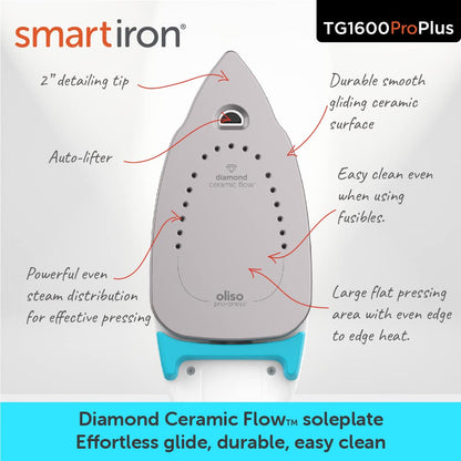 Oliso TG1600 Pro Plus 1800 Watt SmartIron with Auto Lift - for Clothes, Sewing, Quilting and Crafting Ironing | Diamond Ceramic-Flow Soleplate Steam Iron