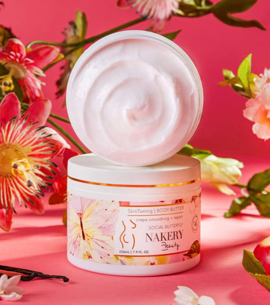 Nakery SkinToning Body Butter | Crepe Smoothing + Repair | Infused with Niacinamide, Caffeine, Tri-Hyaluronic Acid (Social Butterfly)