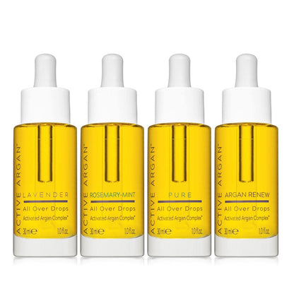 Active Argan Experience Collection 4-piece All Over Drops for Face, Body & Hair - 4 x 1.0 fl. oz. (All Over Drops 1.0 Fl.oz. - Pure 1.0 fl.oz. - Lavender 1.0 fl.oz. - Mint 1.0 fl.oz)