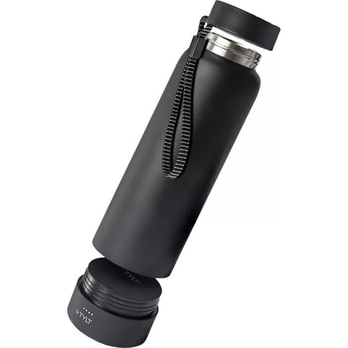 TYLT Power Bottle 2.0 24oz Stainless Steel Wide Mouth Water Bottle Removable 5700mAh Magnetic Portable Power Bank Dishwasher Safe Cup Holder Compatible Lanyard Handle Black
