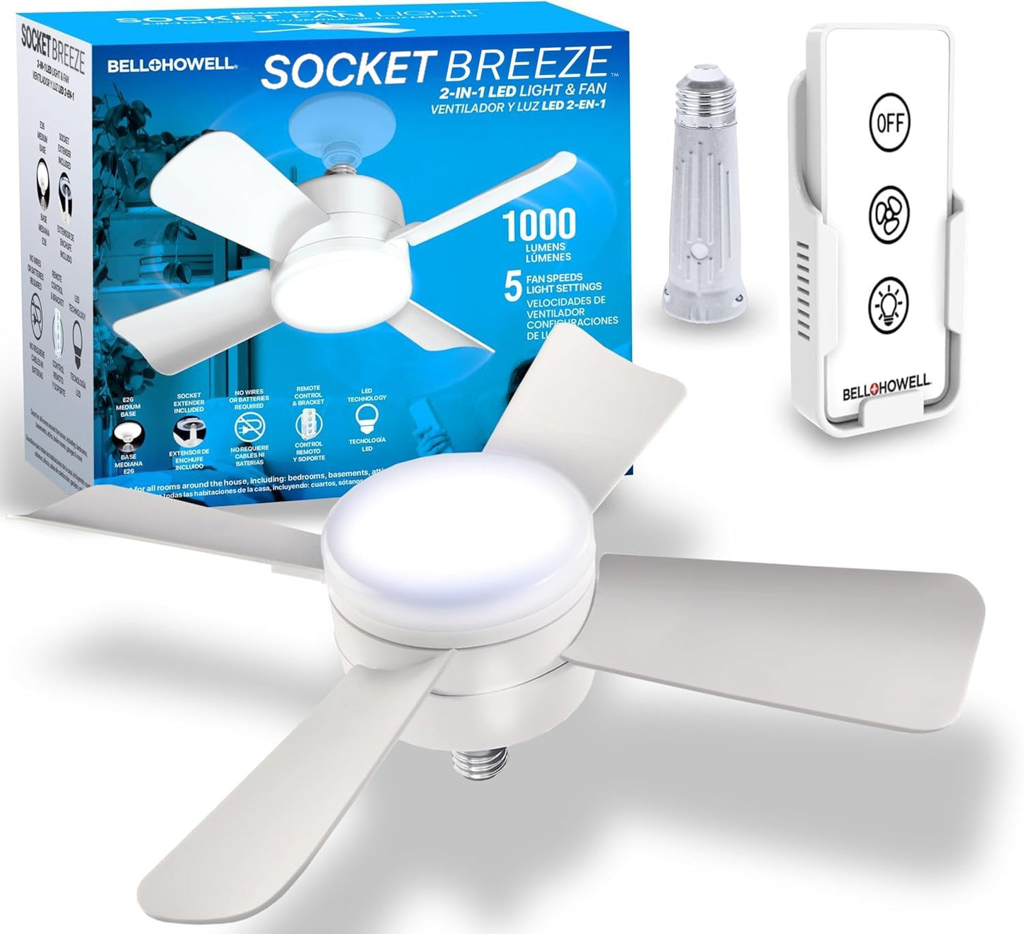 Bell+Howell Socket Breeze Light 5-Speed Deluxe LED – Ceiling Fans with Lights and Remote Control – For Bedroom, Kitchen, Living Room,1000 Lumens / 5000 Kelvins As Seen On TV