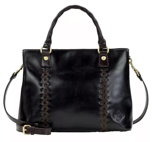 Patricia Nash Dorothy Leather Satchel with Crossbody Strap, Rich Genuine Leather, Large - Black/Chocolate Distressed