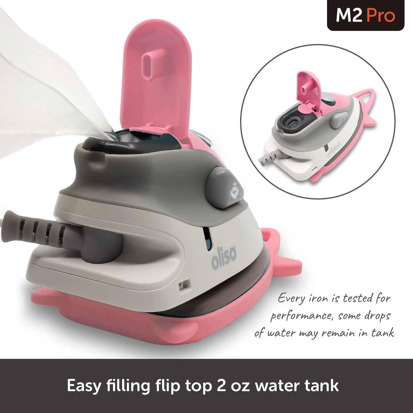 Oliso M2 Mini Project Steam Iron with Solemate - for Sewing, Quilting, Crafting, and Travel | 1000 Watt Dual Voltage Ceramic Soleplate Steam Iron, Pink